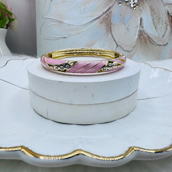 Pink Enamel Cloisonne Bracelet Bangle w/ Rhinestones - Picture 1 of 9